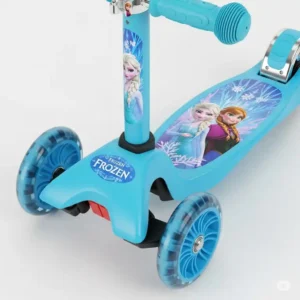 Close-up of a three-wheel Frozen scooter designed for toddlers, showcasing stability and a wide footboard.