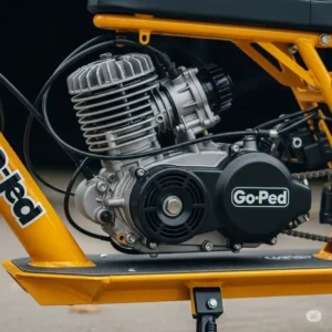 Close-up view of a gas scooter goped engine, highlighting its compact size and two-stroke design, essential for powering these portable scooters.