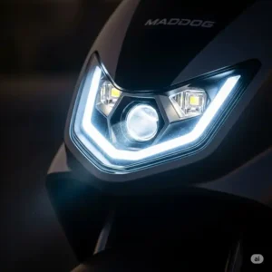 Detailed close-up of the distinctive LED headlight of a maddog scooter, highlighting its modern design and bright illumination for evening rides.