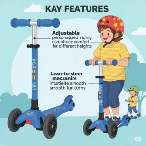Illustration highlighting key features of a micro mini scooter, including adjustable handlebars, lean-to-steer mechanism, and sturdy three-wheel design.