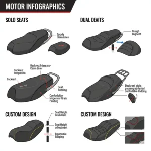 Infographic illustrating various types of motor scooter seats, including solo, dual, and custom designs, showcasing their distinct features.