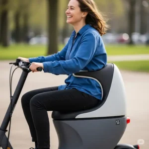 A person happily riding a scooter, highlighting the ergonomic design of the integrated seat.