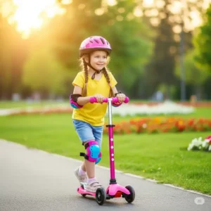 Young girl with a helmet riding a vibrant pink scooter in a park, showing safe and fun play.