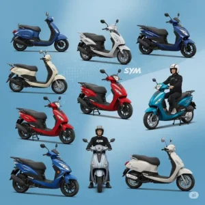 An illustration displaying the diverse range of SYM scooter models, highlighting their various styles and sizes available to riders.