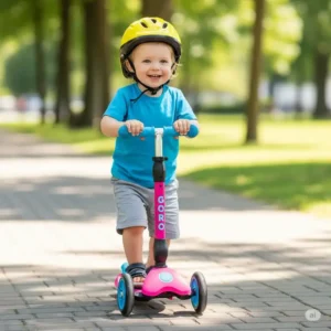 Adorable toddler confidently riding a stable three-wheel mini scooter, perfect for learning balance and early mobility.