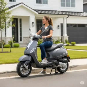 Adult rider easily parking a sleek gas scooter in front of a house, showcasing convenience for daily use.