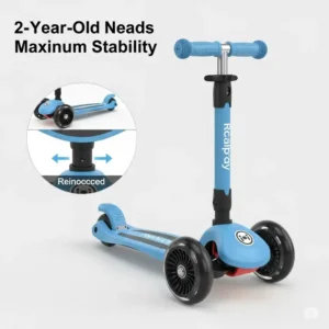 Close-up of a sturdy three-wheel scooter design, highlighting features that make it the best scooter for 2 year old for maximum stability.
