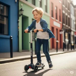 Youngster skillfully balancing on a two-wheel micro scooter, showcasing portability and urban commuting for active kids.