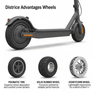 Infographic displaying various types of electric scooter wheels, such as pneumatic, solid, and honeycomb designs, highlighting their unique benefits for different terrains.