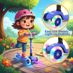 Illustration showing light-up wheels of an Elsa scooter, highlighting fun and safety.