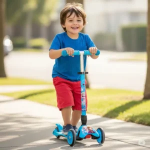A child happily riding a foldable Disney Frozen scooter with adjustable handlebars.