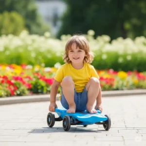 Happy kid sitting on a scooter board, using their feet to push off, illustrating a fun way to improve balance and motor skills.