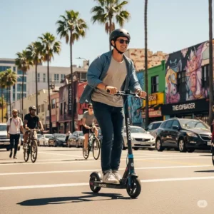 A person confidently riding a maddog scooter through a lively urban environment, demonstrating its agility and ease of navigation in city traffic.