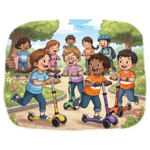 An illustration depicting diverse children happily playing with various micro mini scooters in a park, emphasizing the fun and social aspect.