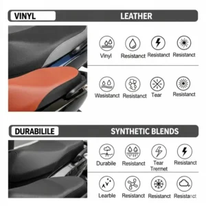 Comparison chart displaying different materials used for motor scooter seats, such as vinyl, leather, and synthetic blends, highlighting their durability and weather resistance.