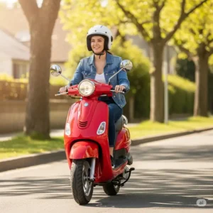 A person safely riding a vibrant red gas 50cc scooter with a helmet, demonstrating ease of handling.