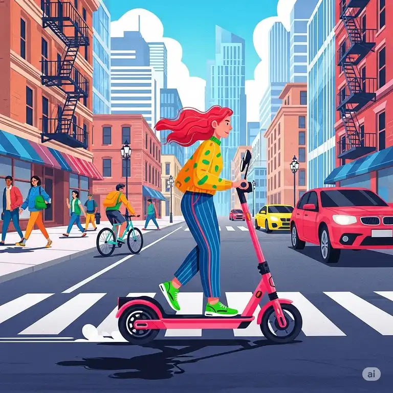 Illustration of a person riding an electric pink scooter through a city street, emphasizing urban mobility.