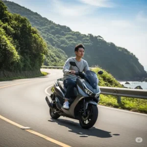A rider comfortably cruising on a 200cc motorcycle scooter through a scenic route, emphasizing the smooth ride and ease of handling.