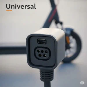 Close-up view of a universal charging port for an electric scooter, compatible with various scooter chargers.