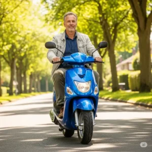 A rider comfortably cruising on a 50cc scooter moped, demonstrating its ease of use for daily travel.