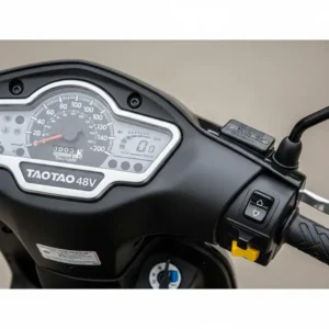 Close-up of the user-friendly dashboard and controls of a TaoTao 48V scooter, including speedometer and battery indicator.