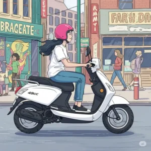 "Illustration of a person comfortably riding a 49cc gas motor scooter through an urban environment, emphasizing ease of use and small footprint."