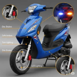 Illustration showcasing key safety features on a 50cc scooter moped, including disc brakes and LED lighting.

