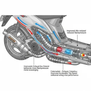 A detailed illustration of an aftermarket performance exhaust system on a 50cc scooter, indicating its role in boosting power and achieving the fastest 50cc scooter speeds.