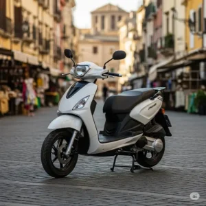 A gas 50cc scooter parked in a scenic urban setting, perfect for city exploration and short trips.