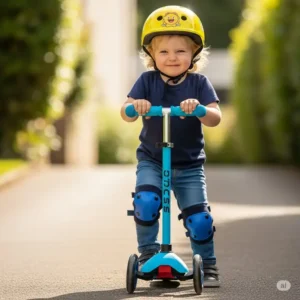 A two-year-old wearing a safety helmet and knee pads while riding a scooter, emphasizing essential safety gear for young riders, a crucial consideration for the best scooter for 2 year old.