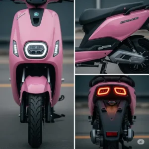 Showcase of an electric pink scooter from various angles: front view, side profile, and rear design.