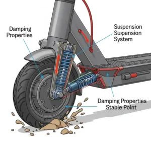 Illustration demonstrating how advanced suspension systems integrate with electric scooter wheels to provide a comfortable and stable ride over bumps.