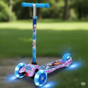An electric Frozen scooter for kids, featuring glowing wheels and character graphics, suitable for outdoor play.