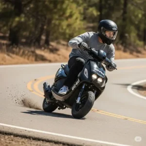 An exciting action shot of a rider navigating a gas scooter goped around a corner, emphasizing its maneuverability and performance.