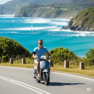 Adult riding a gas scooter along a picturesque coastal road, enjoying the freedom and open air.