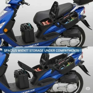 Ample under-seat storage and convenient compartments on an ice bear scooter 150cc, ideal for carrying essentials during your rides.