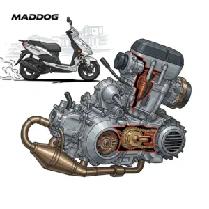 An illustration showcasing the powerful and efficient engine of a maddog scooter, emphasizing its performance capabilities for a smooth riding experience.