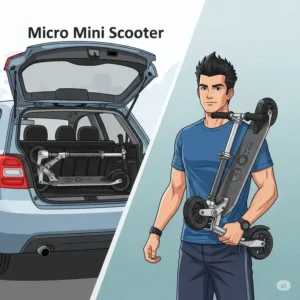 Graphic illustrating the portability of a micro mini scooter, showing it easily fitting into a car trunk or being carried by an adult.