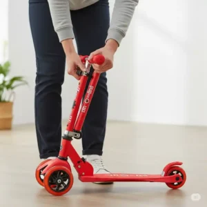 An adult easily folding down a micro scooter mini for convenient transport or storage, emphasizing its lightweight and portable design.
