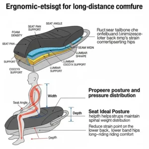 Diagram demonstrating the ergonomic considerations for motor scooter seats, illustrating ideal rider posture and pressure distribution for long-distance comfort.