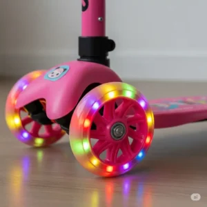 Detail shot of the light-up wheels on a pink kids' scooter, emphasizing its playful design elements.