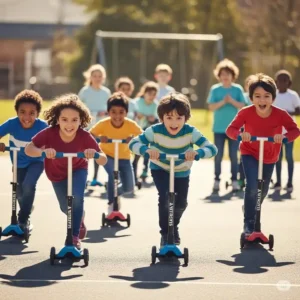Excited children participating in a scooter board race, highlighting the versatility of scooter boards for group activities and physical education.