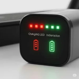 LED indicator lights on a scooter charger showing charging status (red for charging, green for fully charged).