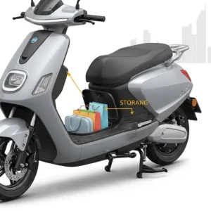  Illustration of a practical scooter with a convenient storage compartment located beneath the seat.