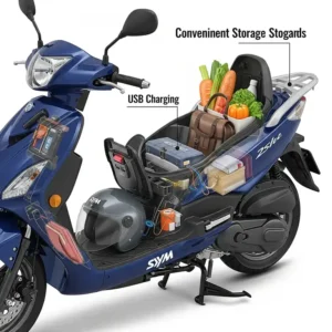 A cutaway illustration demonstrating the ample under-seat storage and practical utility features of a SYM scooter, ideal for daily errands.
