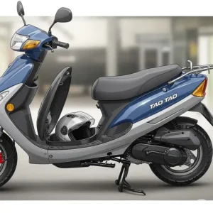 Side profile of a Tao Tao 49cc scooter, illustrating the convenient under-seat storage compartment for helmets or personal items.