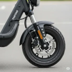Front wheel and suspension system of a TaoTao 48V electric scooter, emphasizing its stability and ride comfort.