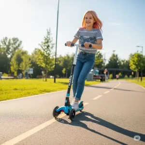 Teenager enjoying a smooth ride on a durable maxi scooter, highlighting its larger deck and adjustable handlebars for older children.