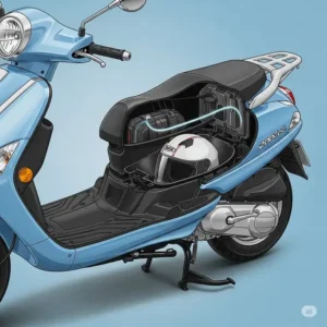 An illustration of the ample under-seat storage space in a 200cc motorcycle scooter, perfect for helmets and personal items.