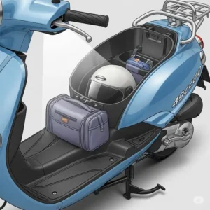 "Illustration showcasing the under-seat storage compartment of a 49cc gas motor scooter, demonstrating practical space for a helmet or small bag."